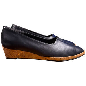 Magdesian Women's 10 Navy Leather Cork Wedge Heels Comfort Casual Italy